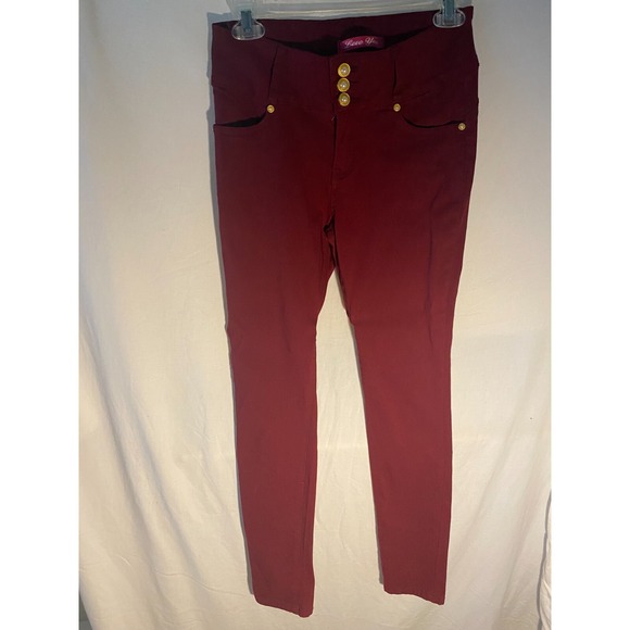 Love Pants - Women's Button Stretch Pants "Love You" Burgundy with Pearl-Gold Accents Size M